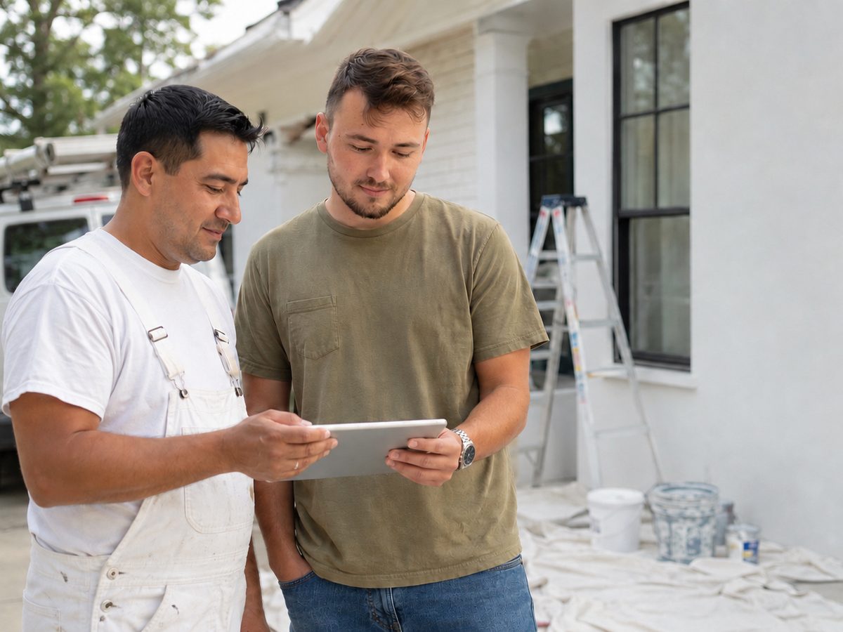 Mark Hewitt, founder of PaintingPPC, reviewing campaign numbers on a tablet with a painting contractor at a jobsite